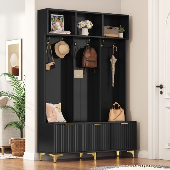Large Storage Hall Tree with Bench, Multi-Functional Storage Bench with High Gloss Fluted Doors, Coat Rack with 6 Gold Hooks and Legs for Entryway, Living Room, Black+Gold