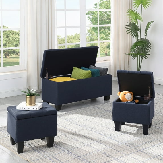 Large Storage Ottoman Bench Set, 3 in 1 Combination Ottoman, Linen Ottoman Bench for Living Room, Entryway, Hallway, Bedroom, Dark Blue