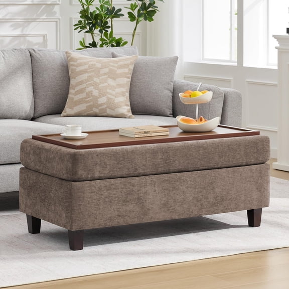 Large Storage Ottoman Bench With Wooden Tray Coffee Table Chenille Upholstered Rectangular Footrest Stool Organizer Box Container Solid Wood Legs For Living Room Bedroom Entryway, Brown