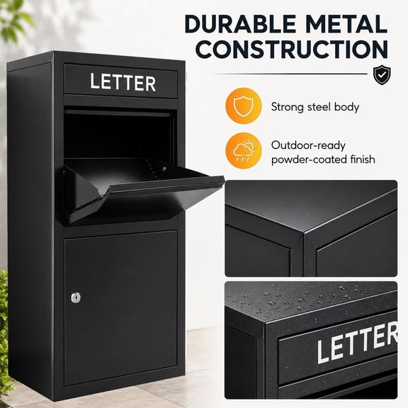 Large Storage Secure Package Delivery Box, Front Access Black Durable Parcel Drop Mailbox with Lock for Home Front Door & Outdoor Use