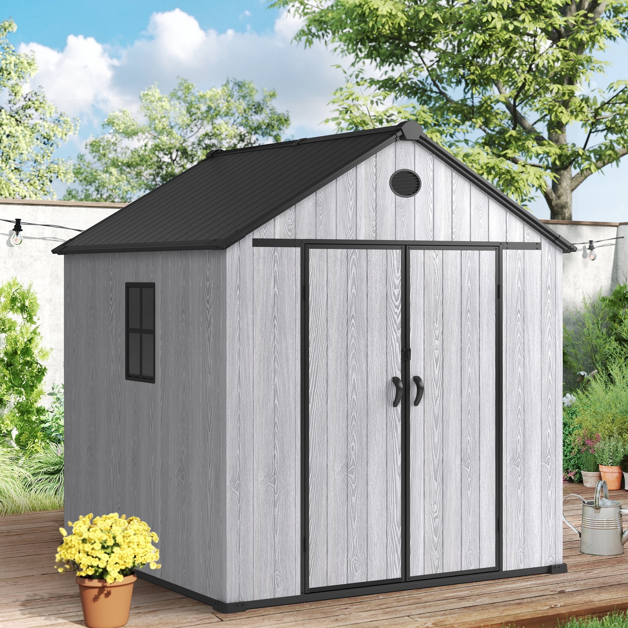 Shed and Outdoor Storage, 7x7ft Waterproof Resin Shed Lockable, Patio Garden Backyard Storage with Floor & Window & Vents, Sloped Roof Design