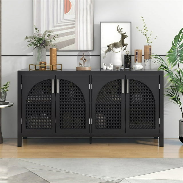 Large Storage Space Sideboard with Artificial Rattan Door, Wooden Storage Cabinet with Metal Handles and Adjustable Shelves, Buffet Cabinet with Solid Wood Legs for Dining Room, Living Room