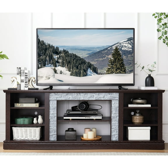 Large Storage Tv Stand In Cherry, Modern Media Console, 69.13"w X 15.04"d 25.65"h, Compatible With 75" Cherry Ample Storage, 75'' Fit, Entertainment Center