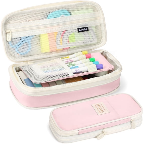 Large Storage Zipper Pen & Pencil Pouch, Water-Resistant Supplies Holder For Students & Adults (Light pink)