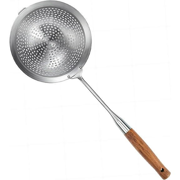 Large Strainer Skimmer Ladle, 304 Stainless Steel Skimmer Spoon Deepen Spider Strainer Kitchen Cooking Colander Spoon Utensil with Wooden Long Handle for Cooking, Draining, Frying, 18.5 Inch
