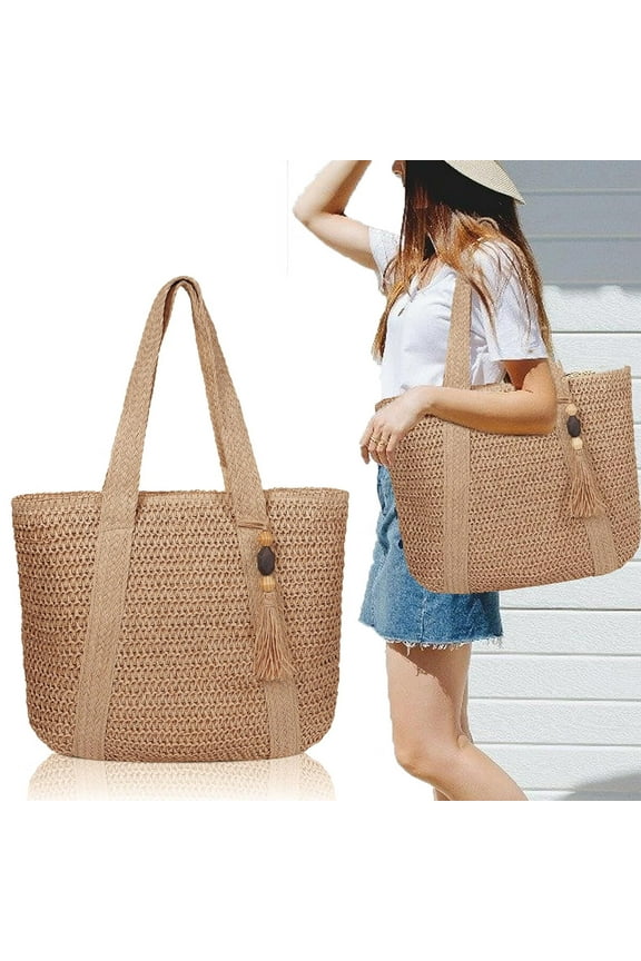 Large Straw Beach Bag for women, Straw Tote Bag with Tassels, Woven Summer Handbag Shoulder Bag for Outdoor Vacation