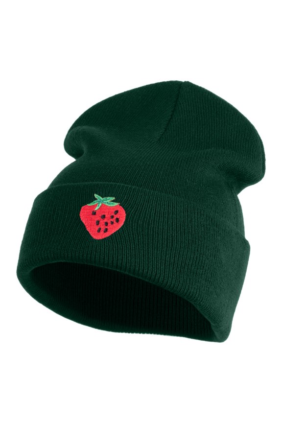 Large Strawberry Applique Iron on Patch Patched 12 Inch Long Knitted Beanie - Dark Green OSFM
