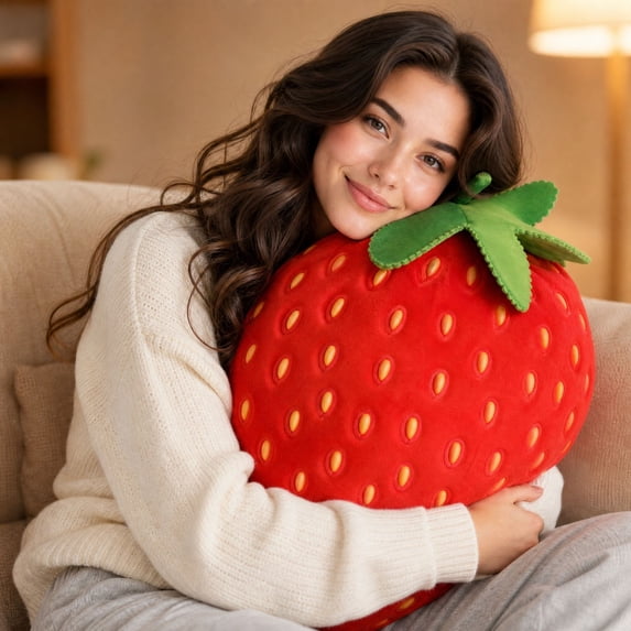Large Strawberry Plush Pillow, 3D Fruit Shaped Cushion for Sofa Bed Chair Car, Soft Decorative Throw Pillow, Cute Food Theme Home Decor and Gift for Room Styling