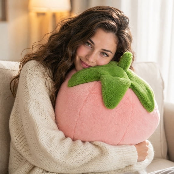 Large Strawberry Plush Pillow, 3D Fruit Shaped Cushion for Sofa Bed Chair Car, Soft Decorative Throw Pillow, Cute Food Theme Home Decor and Gift for Room Styling