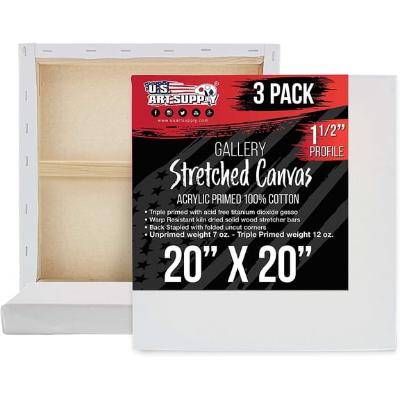 Large Stretched Canvas 20 x 20 Inch Gallery Depth 1.5 Inch Thick Triple Primed 100% Cotton for Acrylic Oil Painting
