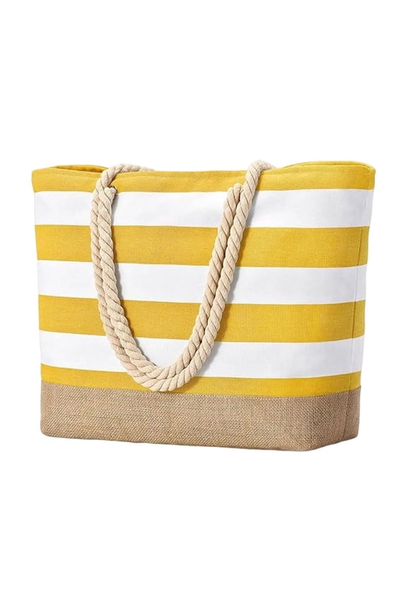 Large Striped Beach Tote Bag for Women Waterproof Canvas Bag with Zipper Rope Handles and Jute Bottom Sandproof Travel Pool Bag