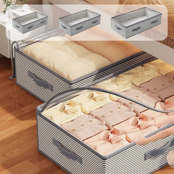 Large Striped Under Bed Storage Bag - Moistureproof Foldable Organizer Box with Sturdy Handles, Perfect for Clothes, Blankets, Bedding & Seasonal Items, Home Space Saving Storager, 7*16*31in, Gray