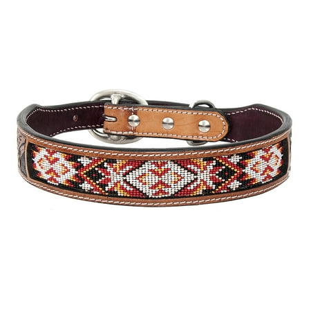 Large Strong Genuine Leather Dog Collar Beaded Hand Tooled Hilason