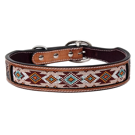 Large Strong Genuine Leather Dog Collar Beaded Hand Tooled Hilason