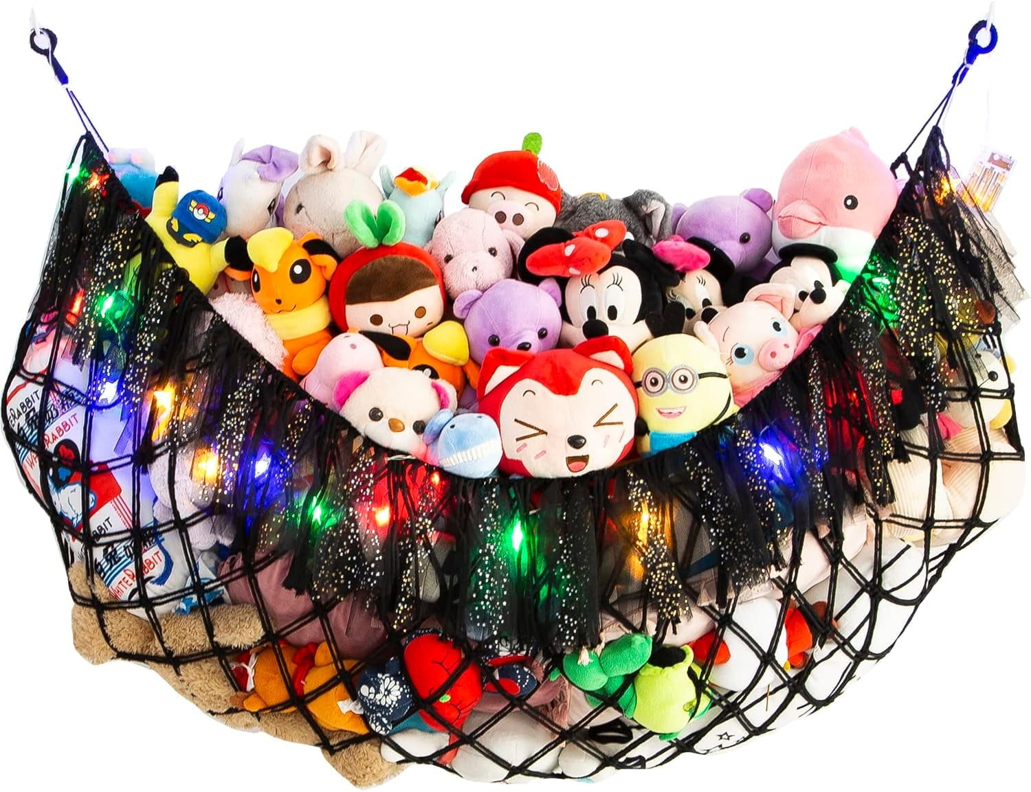 Large Stuffed Animal Hammock with Light Wall Mounted- Hammock Plushies Net Stuff Toy Organizer Boho Macrame Toy Hammock Corner Hanging Net for Nursery Storage Bedroom Playroom Decor-Black