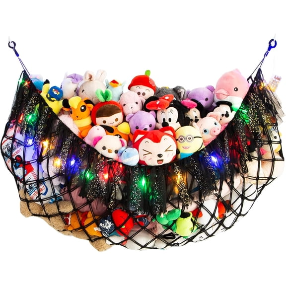 Large Stuffed Animal Hammock with Light Wall Mounted- Hammock Plushies Net Stuff Toy Organizer Boho Macrame Toy Hammock Corner Hanging Net for Nursery Storage Bedroom Playroom Decor-Black
