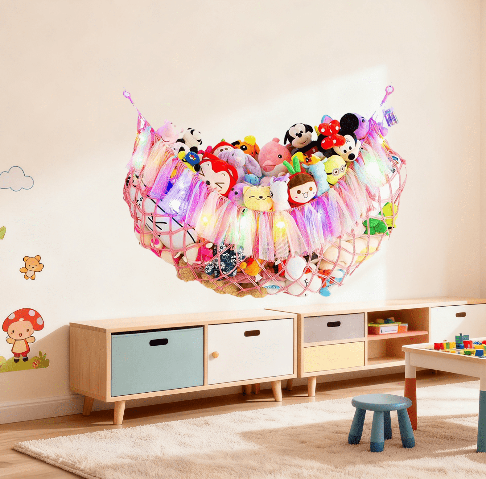 Large Stuffed Animal Hammock with Light Wall Mounted- Squishmallow Hammock Plushies Net Stuff Toy Organizer Boho Macrame Toy Hammock Corner Hanging Net for Nursery Storage Bedroom Playroom Decor-Pink