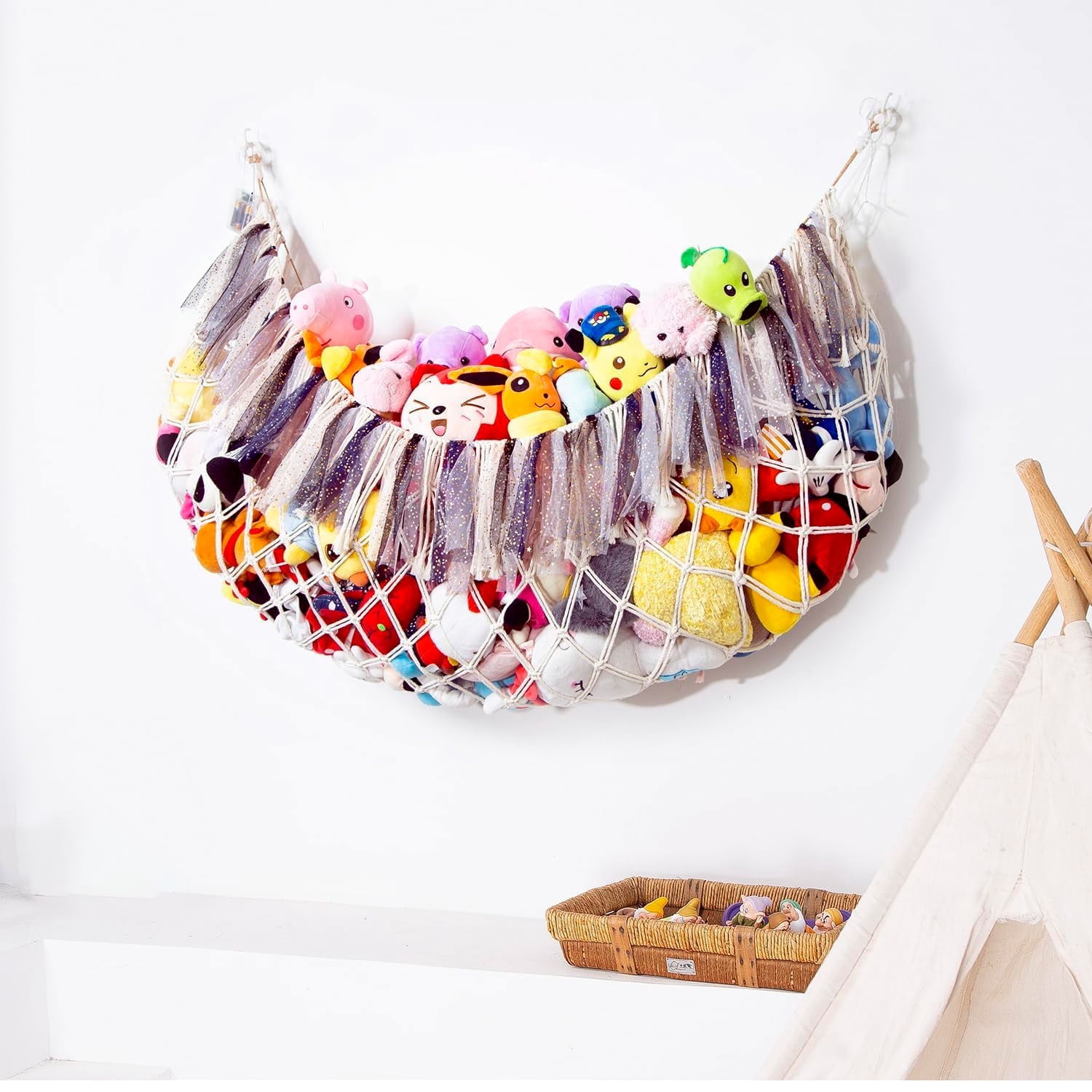 Large plush toy net or hammock for toy storage in children's rooms, bedrooms, and playrooms, with a lightweight wall-mounted storage organizer - Beige toy net