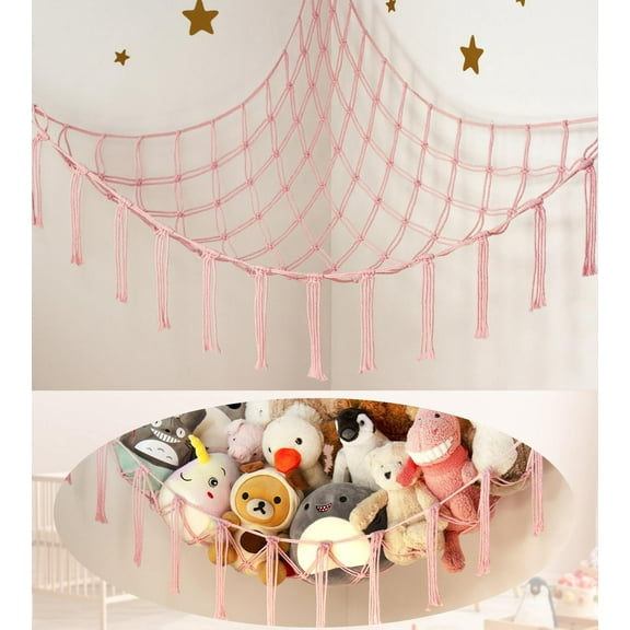 Large Stuffed Animal Storage Hammock Corner Net - Pink Room Decor for Teen Girls - Toys Storage Hanging Stuff Animal Organizer Holder Cute Stuff - Boho Nursery Dorm Bedoom Decor Aesthetic