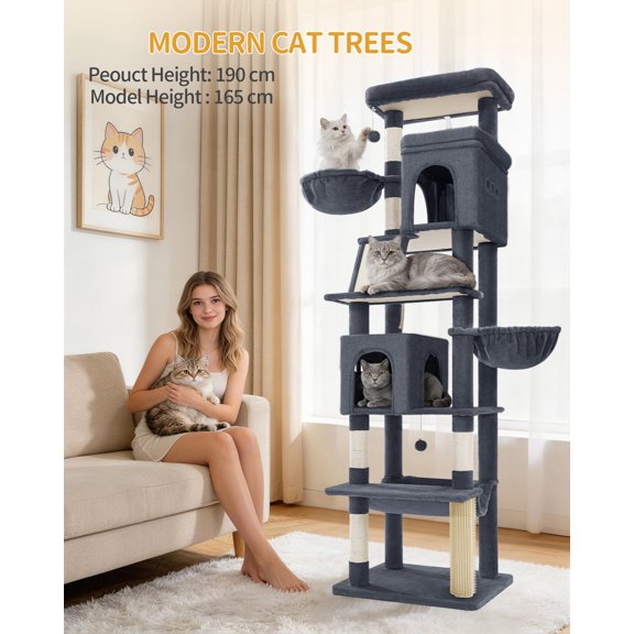 Large Sturdy Cat Tree Tower, 75 Inch Tall Pet Condo For 7 Large Cats, Cat Tree Indoor Climbing Activity Tower, 2 Large Platform/2 Cave/2 Hanging Basket/5 Scratching Post, Dark Grey