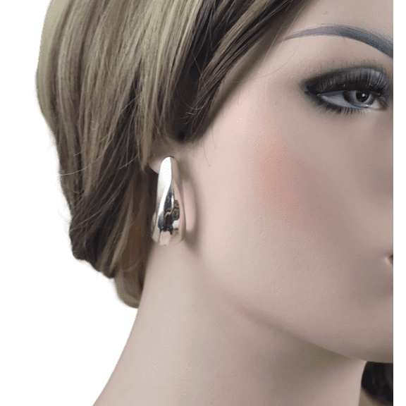 Large Stylized Huggie Statement Hoop Pierced Earrings - Silver Tone 1 5/8"