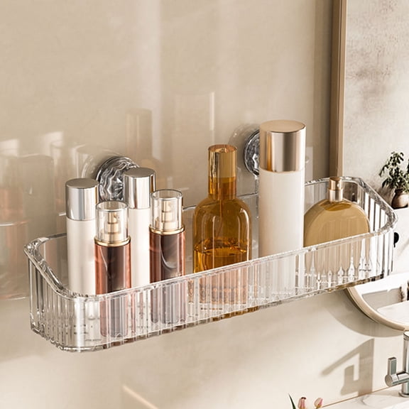 Large Suction Cup Bathroom Shelf - No-Drill Wall Mounted Storage Rack, Clear Plastic 12.2x5.5x3.6in Shower Caddy for Toiletries, Spice Rack, Kitchen Organizer