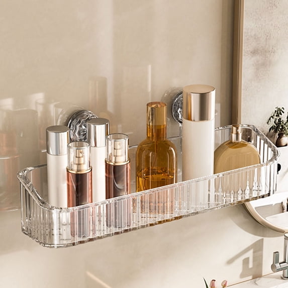 Large Suction Cup Bathroom Shelf | No Drill Wall Mounted Storage Rack | Clear or Gray Plastic Organizer | 1-Piece Set
