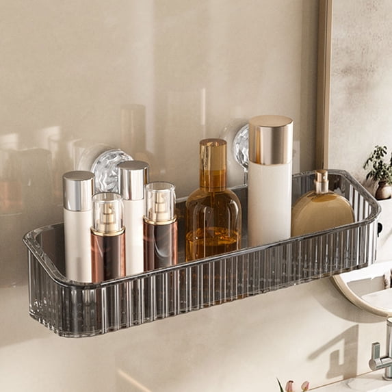Large Suction Cup Bathroom Shelf | No Drill Wall Mounted Storage Rack | Clear or Gray Plastic Organizer | 1-Piece Set