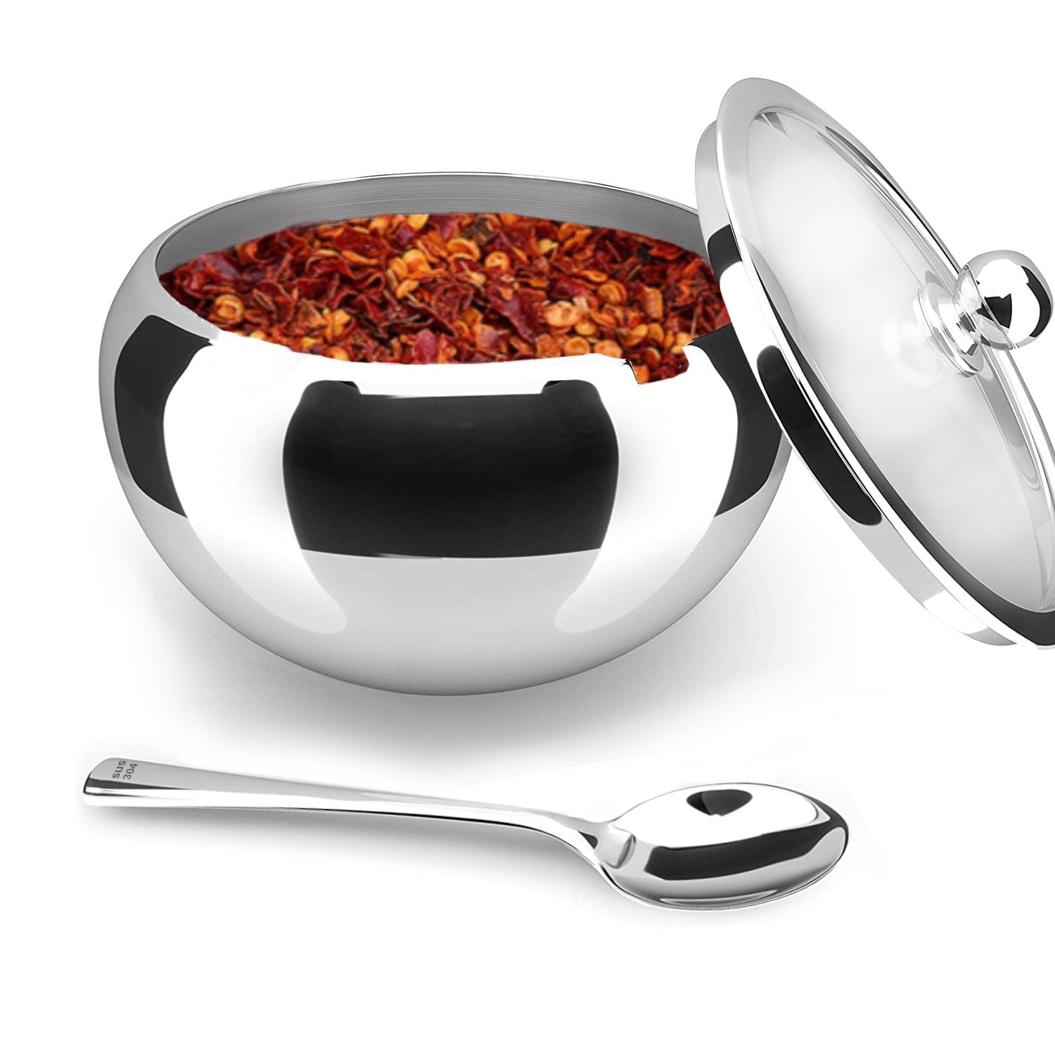 Large Sugar Bowl, Stainless Steel With Glass Lid, Includes Stainless Steel Spoon, 16.9 oz