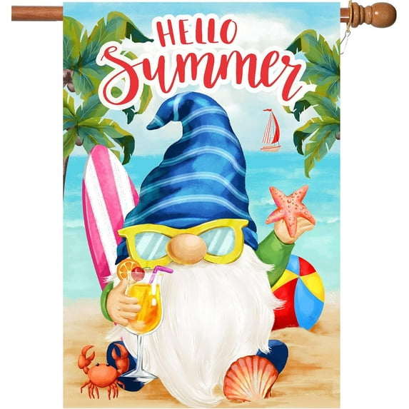 Large Summer Flag,28x40 Inch Hello Summer House Flags with Two Grommets Double Sided Printing 2 Layer Burlap Welcome Summer Garden Flag for Your Summertime Decoration