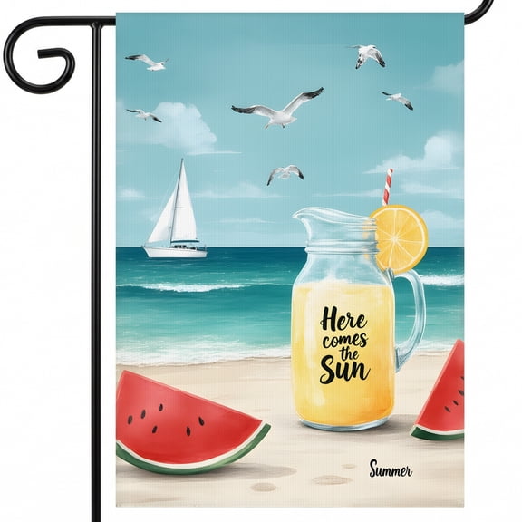 Large Summer Garden Flags 28x40" Decor Size for Outdoor Sign featuring sun-inspired design and sailboats on beach backdrop.