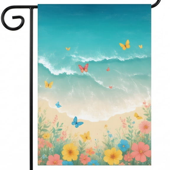 Large Summer Garden Flags - A Beach Scene With Flowers And Butterflies Flying Over The Ocean. For Outdoor Summer Decor.