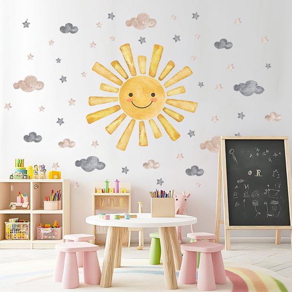 Large Sun Wall Decal 65 x 74.8 Inches, 12 Sheets Giant Sun Wall Sticker, Removable Kids Wall Decals for Playroom, Classroom, Toddler & Daycare Wall Decor