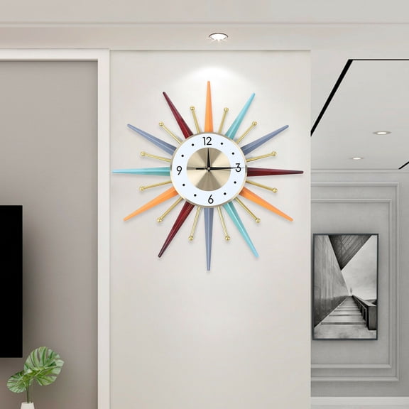 Large Sunburst Wall Clock 22 Inches, Modern Silent Non-Ticking Metal Clock, 5-Color Sun Design with Roman Numerals, Decorative Battery Operated Clock for Living Room Bedroom Office Kitchen
