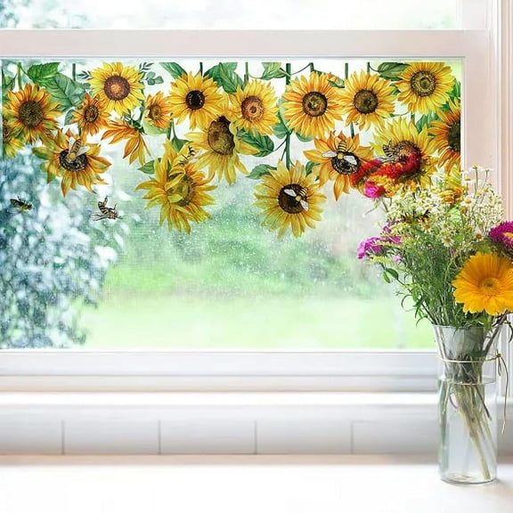 Large Sunflower Bee Window Clings Transparent Stained Spring Flower Window Stickers Reusable Static Non Adhesive Double-Sided Decor Summer Removable Window Sticker Glass Door Covering Film
