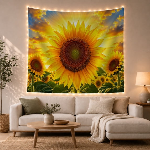 Large Sunflower with Golden Petals in Amber Rays, Serene Rustic Wall Art for Nature Lovers, Botanical Bloom Decor Housewarming Gift, Tapestry Wall Hanging for Living Room and Bedroom