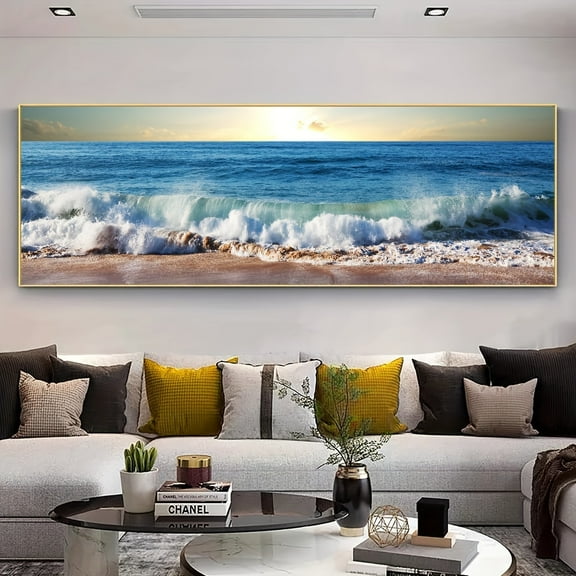 Large Sunset Beach Canvas Art Print - Calm Waves and Sand, Frameless Wall Decor for Living Room, Bedroom, Office - Birthday