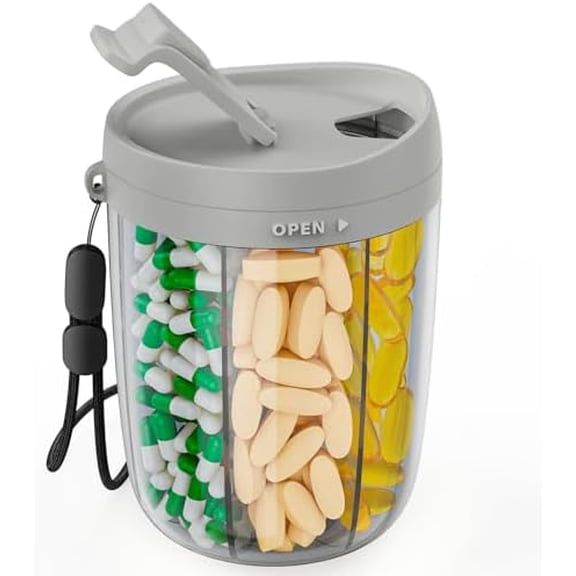 Large Supplement Organizer Bottle, Holds Plenty of 6 Various Vitamins in 1 Pill Dispenser with Anti-Mixing & Wide Openings Design, Easy to Retrieve Meds, Includes 20 Pcs Stick-on Labels Gray