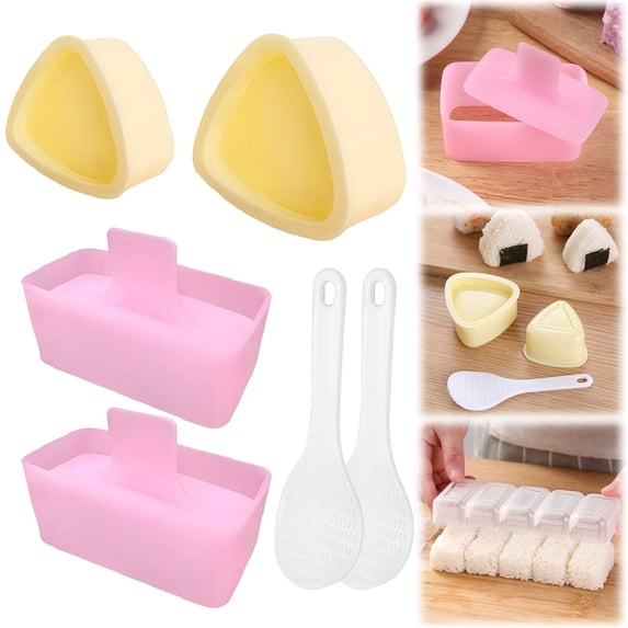 Large Sushi Mold Set – 2 Pink Rectangle Layered Presses + 2 Yellow Triangle Onigiri Molds + 2 Rice Paddles – Ideal for Party Prep, Batch Bento, and Family DIY