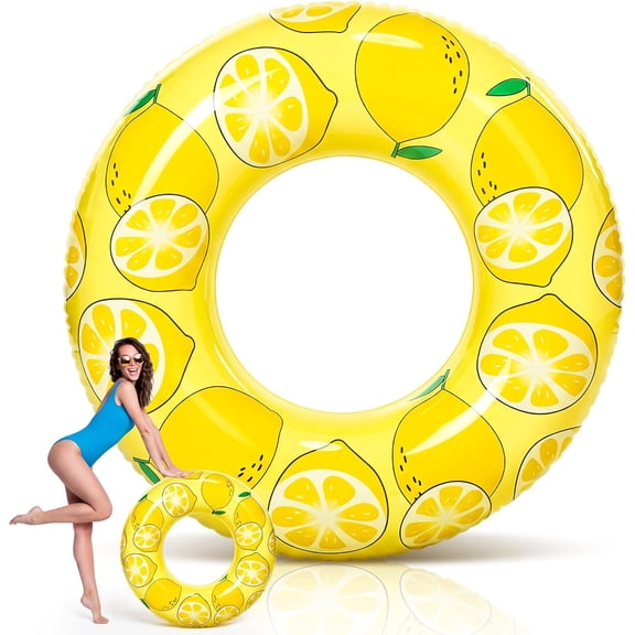 Large Swim Ring for Adults 39.37 Inches Inflatable Pool Floats Single Sided Print Pool Inner Tube Swim Ring Floaties for Adults Summer Swimming Beach Party Supplies 1,Lemon