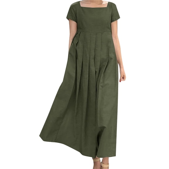 Large Swing Short Sleeve Square Collar Elegant Casual Long Dress - Cotton Linen, Breathable, All-Occasion Wear