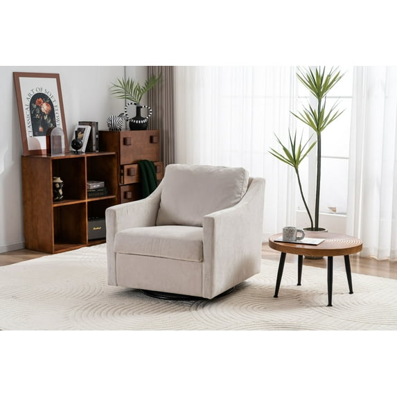 Large Swivel Chair, Swivel Accent Sofa Chair, Modern Upholstered Linen Fabric Side Chair Armchair Reading Chair, Soft Gradient Color, Comfortable to Sit, for Reception Living Room, Beige