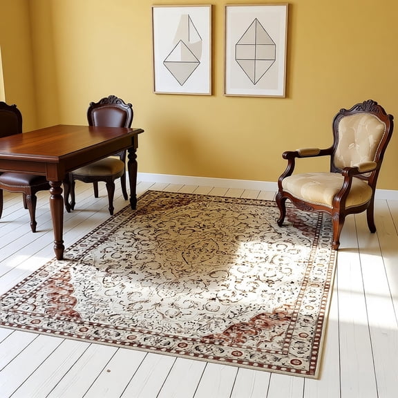 Large Symmetrical Floral Area Rug 10x8Ft Traditional Pattern Oversized Rug Non Slip Living Room Brown Bedroom Dining Room Rug Flannel Texture Soft Machine Washable Easy Clean TPR Backing Floor Mat