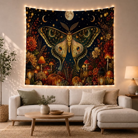 Large Symmetrical Moth with Moons and Flora Against Dark Night Sky Mystical Celestial for Nature Lovers Mystical Wall Art Halloween Gift Tapestry Wall Hanging for Bedroom and Living Room