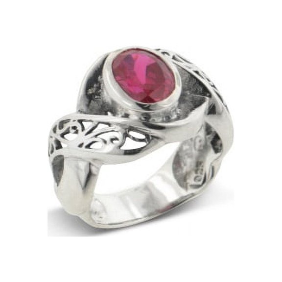 Large Synthetic Blood Red Ruby and Swirl Filigree Sterling Silver Ring