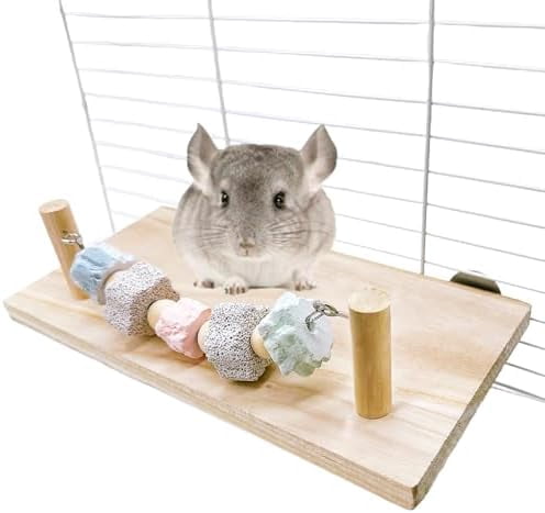 Large Syrian Hamster Wood Ledge Platform with Lava Stone Block Chew Toys Chinchilla Cage Resting Wooden Shelf for Guinea Pig Rat Mouse