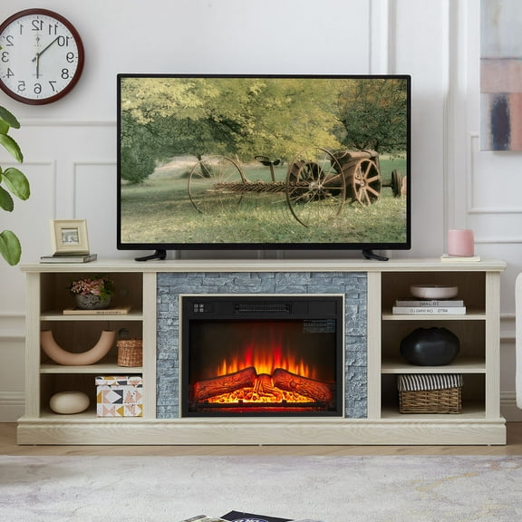 Large TV Desk Storage Rack with Faux Stacked Stone Surround,Media Console Table with Large Storage Cabinet,Modern TV Stand with 23" Fireplace Insert