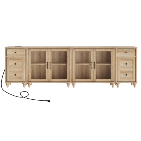 Large TV Stand for 100-Inch TV, TV Console Table for 85/90/95-Inch TVs, Entertainment Center with Charging Station & Glass Door, Oak Kitchen Sideboard Buffet Cabinet for Dining Room