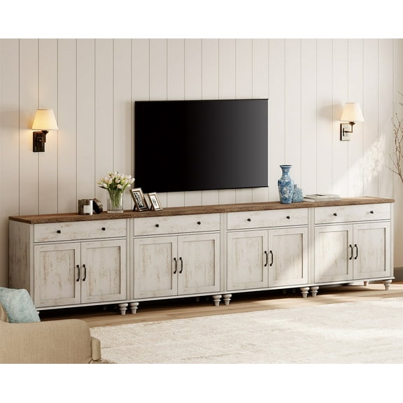 Large TV Stand for 100-Inch TVs with 8 Doors and 4 Drawers, Farmhouse Wooden Universal TV Stand with Storage Cabinets, Entertainment Center TV Console Table for Living Room & Bedroom, Rustic White