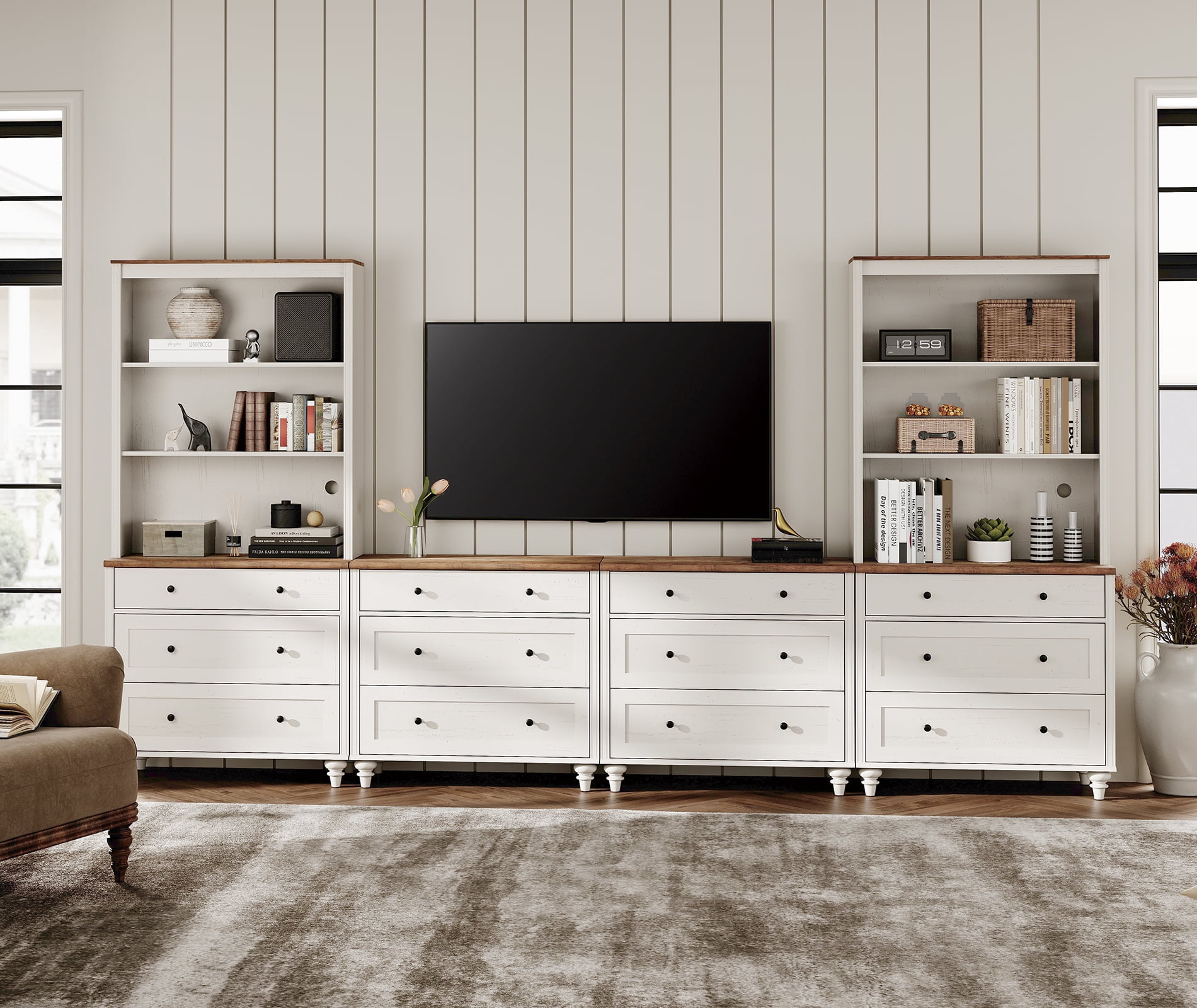 Large TV Stand with Bookshelves for TVs up to 75", Bookcase for Study Room, Living Room, Bedroom, White